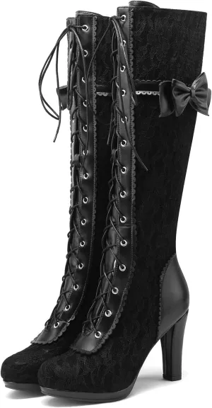KysBloes Women Lace Goth Knee High Boots Buckle Block Heel Lace Up Knee Length Boots Punk Platform Tall Boots