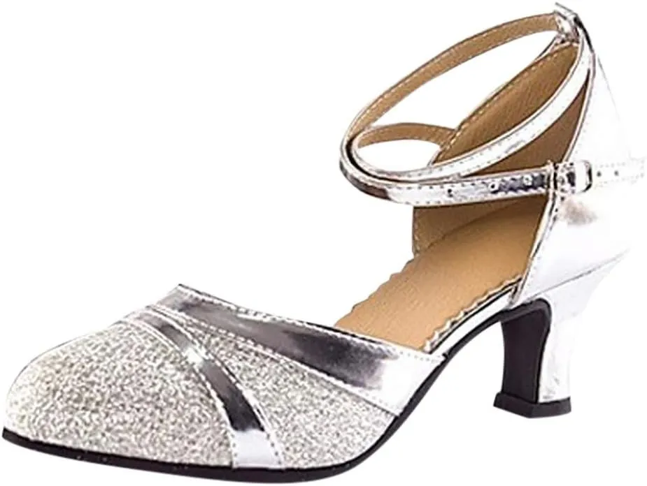 Latin Dance Shoes for Women Low Chunky Heels Straps Buckle Sandals Ballroom Salsa Tango Practice Dancing Shoes
