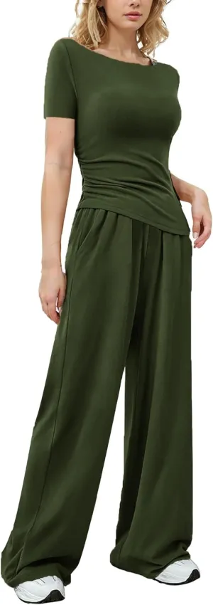 LICOBOD Asymmetrical 2 piece lounge set women long sleeve travel Outfits Comfy Loungewear Wide Leg Pants Casual Tracksuit