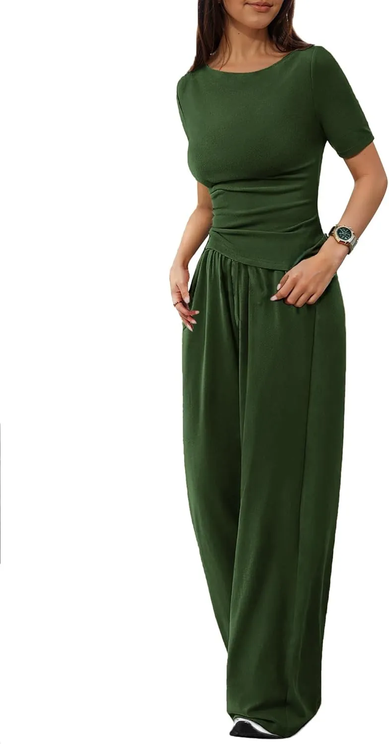 LICOBOD Asymmetrical 2 piece lounge set women long sleeve travel Outfits Comfy Loungewear Wide Leg Pants Casual Tracksuit