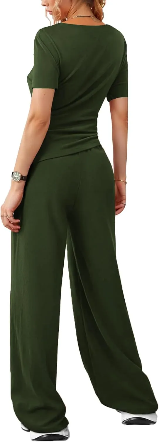 LICOBOD Asymmetrical 2 piece lounge set women long sleeve travel Outfits Comfy Loungewear Wide Leg Pants Casual Tracksuit