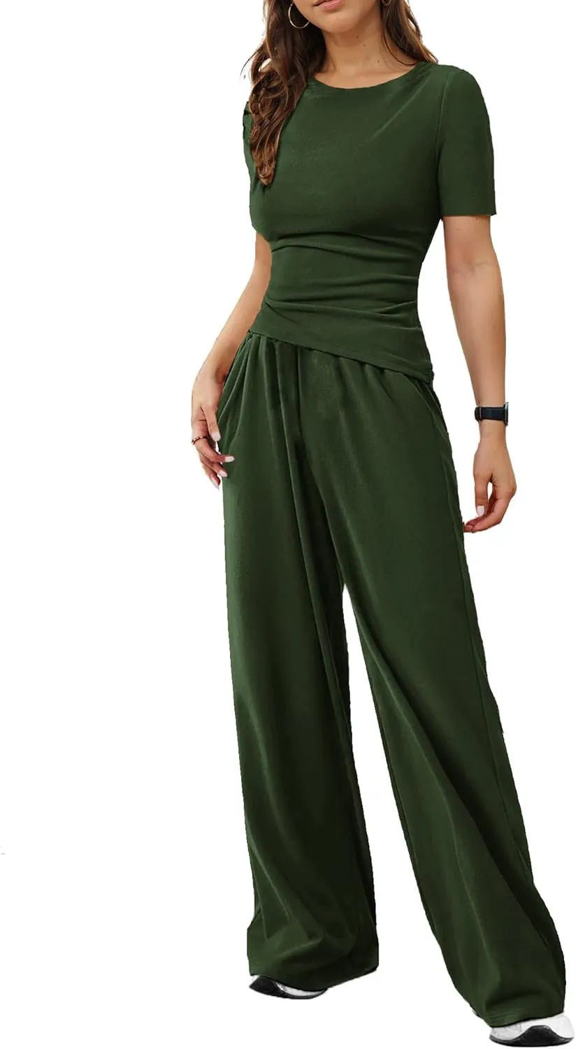 LICOBOD Asymmetrical 2 piece lounge set women long sleeve travel Outfits Comfy Loungewear Wide Leg Pants Casual Tracksuit