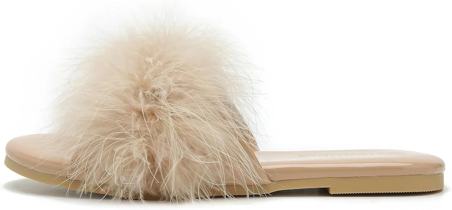 LIURUIJIA Women's Fluffy Feather Slippers Fur Slide Flat Sandals Cozy Slip On Stylish Summer Casual Party Indoor Outdoor Flats Shoes