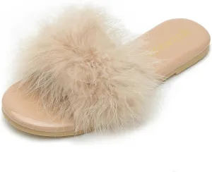 LIURUIJIA Women's Fluffy Feather Slippers Fur Slide Flat Sandals Cozy Slip On Stylish Summer Casual Party Indoor Outdoor Flats Shoes