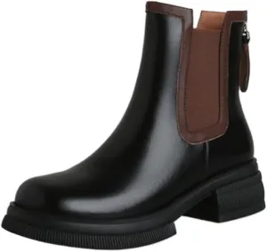 Loafers For Women Women's Split Leather Chunky Heel Boots Round Toe Mixed Colors Platform Booties