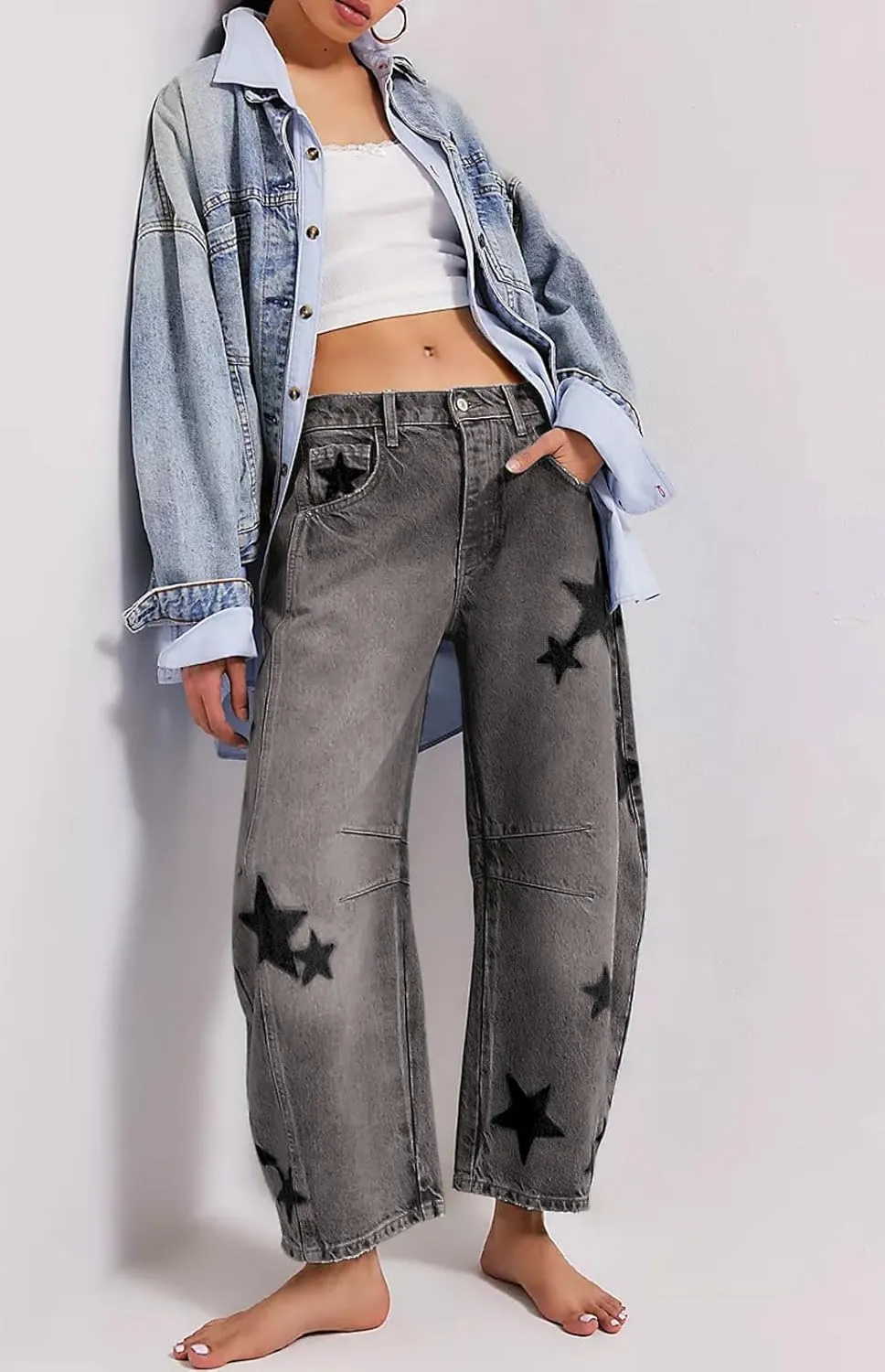 loveimgs Women's Mid Rise Barrel Jeans Wide Leg Baggy Printed Loose Y2k Boyfriend Denim Pants Horseshoe Jeans