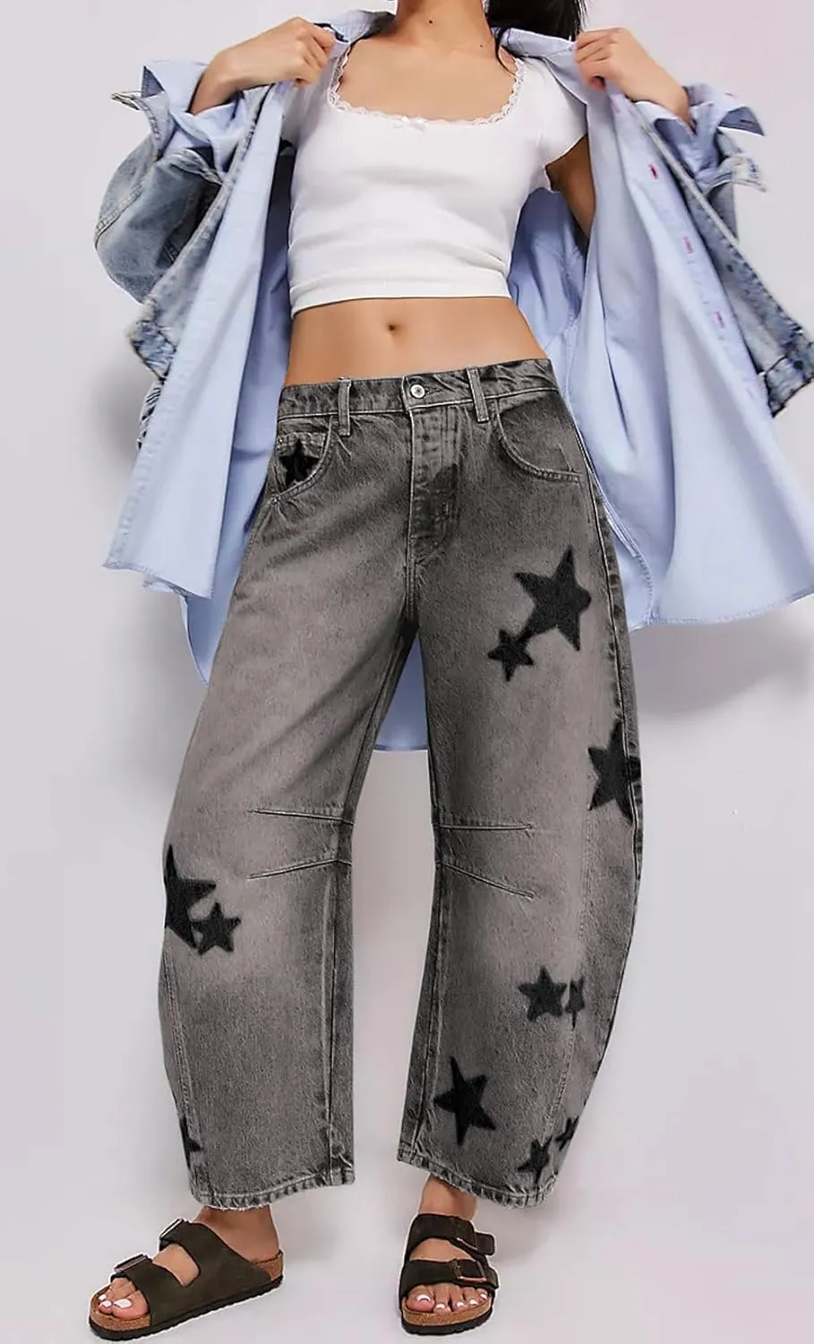 loveimgs Women's Mid Rise Barrel Jeans Wide Leg Baggy Printed Loose Y2k Boyfriend Denim Pants Horseshoe Jeans