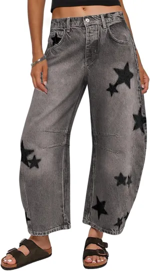 loveimgs Women's Mid Rise Barrel Jeans Wide Leg Baggy Printed Loose Y2k Boyfriend Denim Pants Horseshoe Jeans