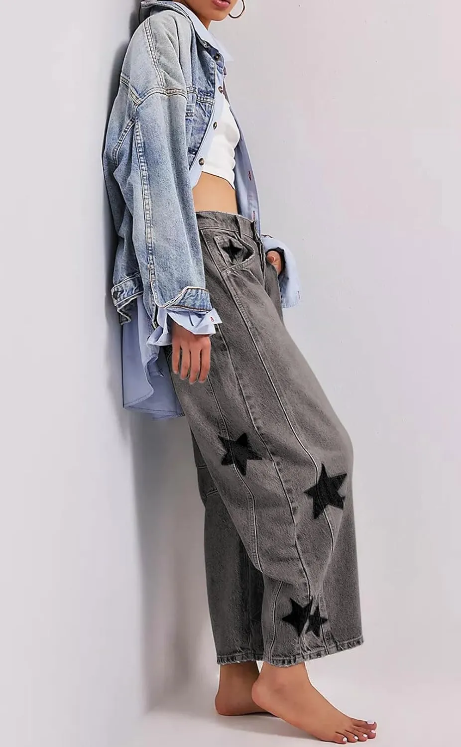 loveimgs Women's Mid Rise Barrel Jeans Wide Leg Baggy Printed Loose Y2k Boyfriend Denim Pants Horseshoe Jeans
