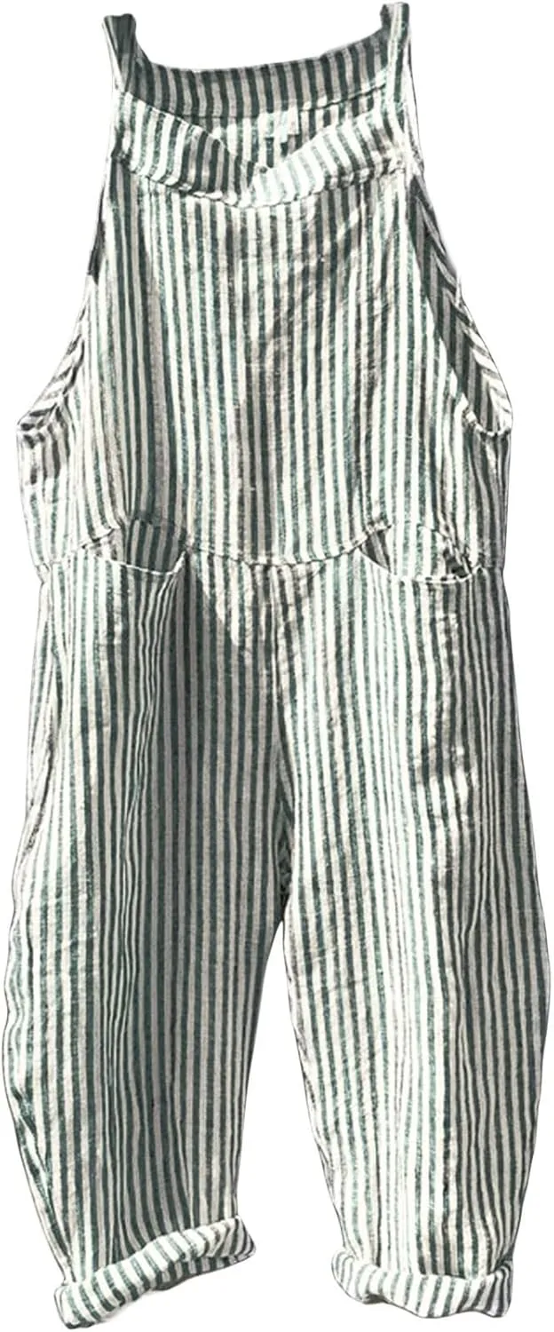 loveimgs Womens Summer Casual Striped Overall Jumpsuit Oversized Baggy Wide Leg Bib Overalls Pants with Pockets