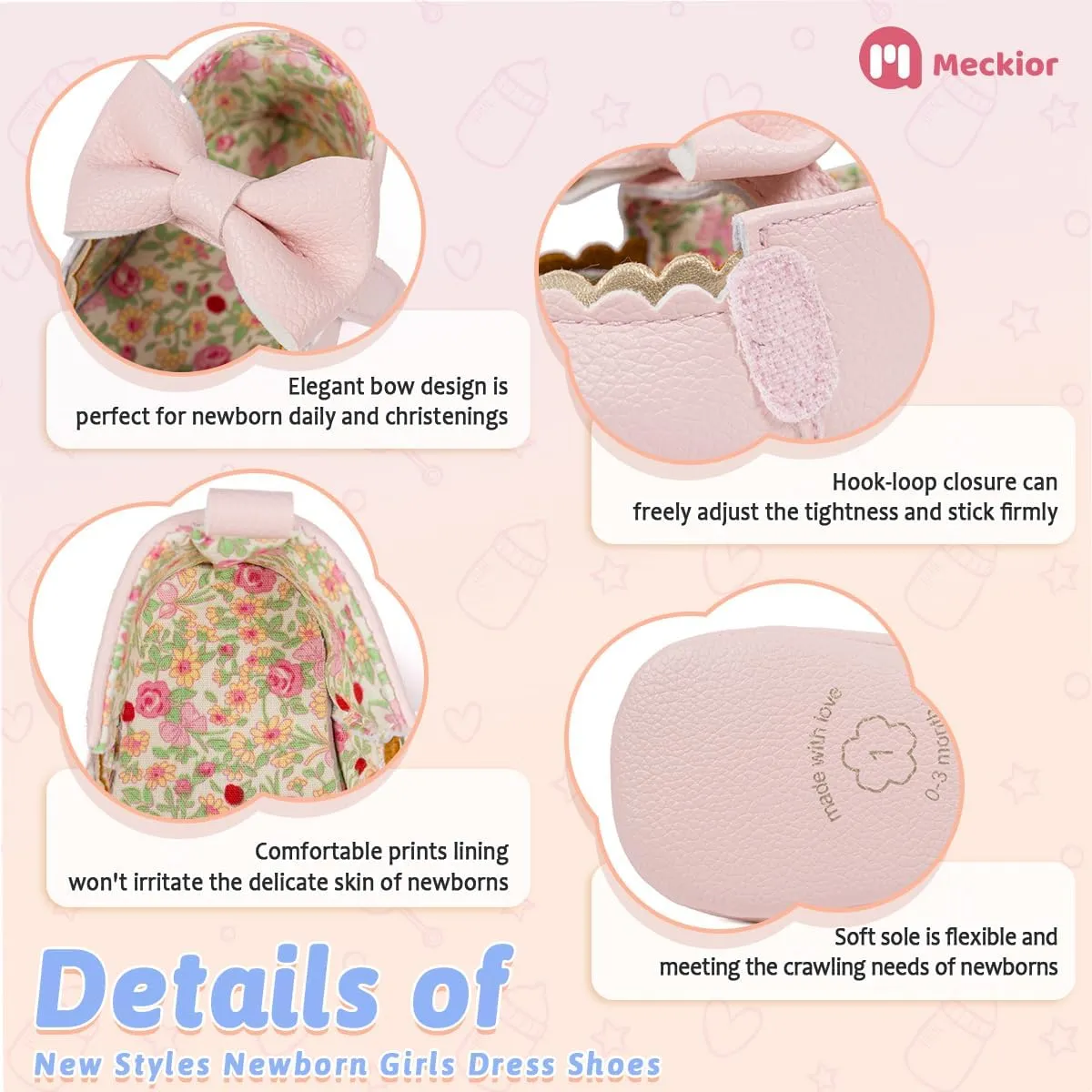 Meckior Newborn Baby Girls Dress Shoes Infant Bowknot Soft Sole Mary Jane Moccasins Baptism Christening Crib Shoes Wedding Princess Flats