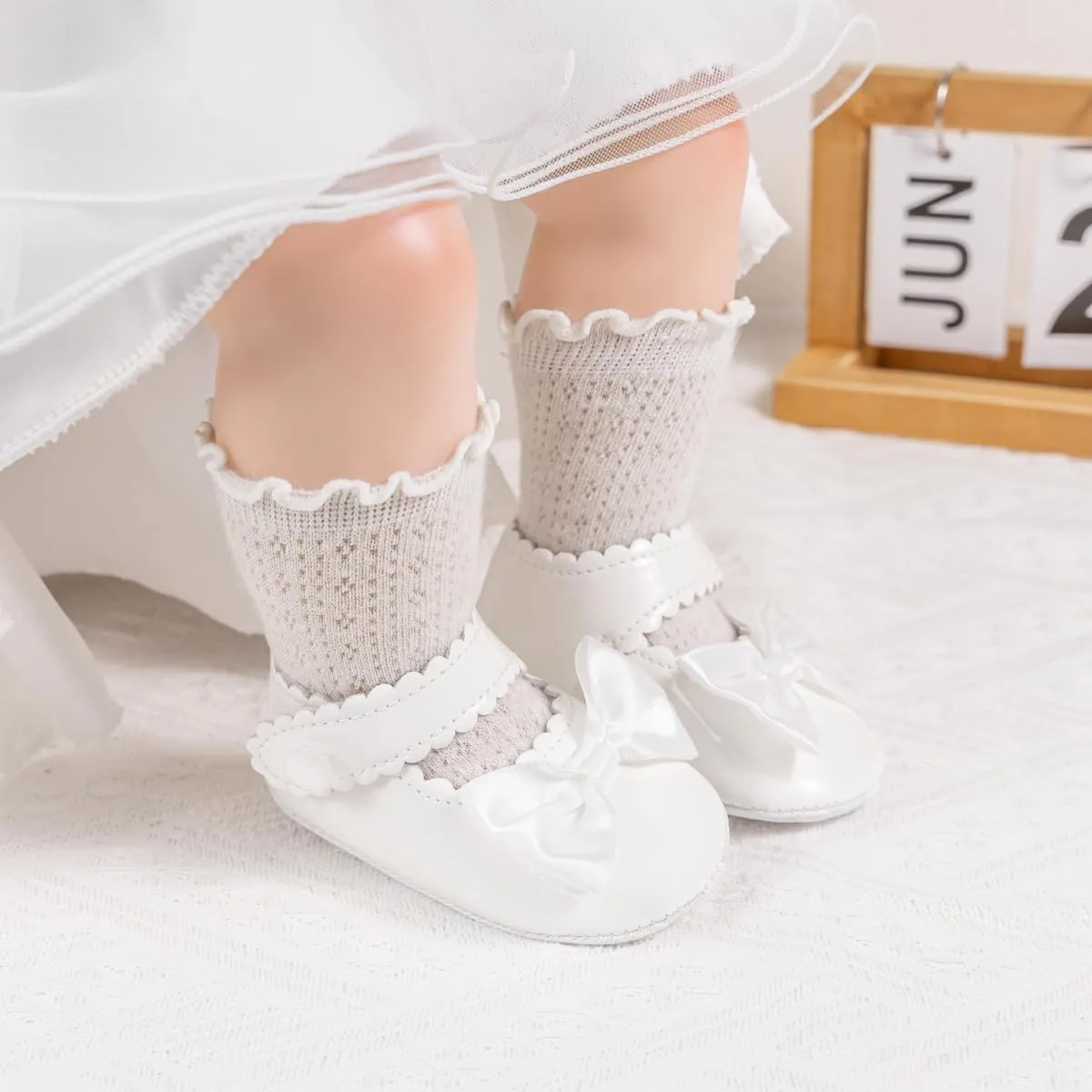 Meckior Newborn Baby Girls Dress Shoes Infant Bowknot Soft Sole Mary Jane Moccasins Baptism Christening Crib Shoes Wedding Princess Flats