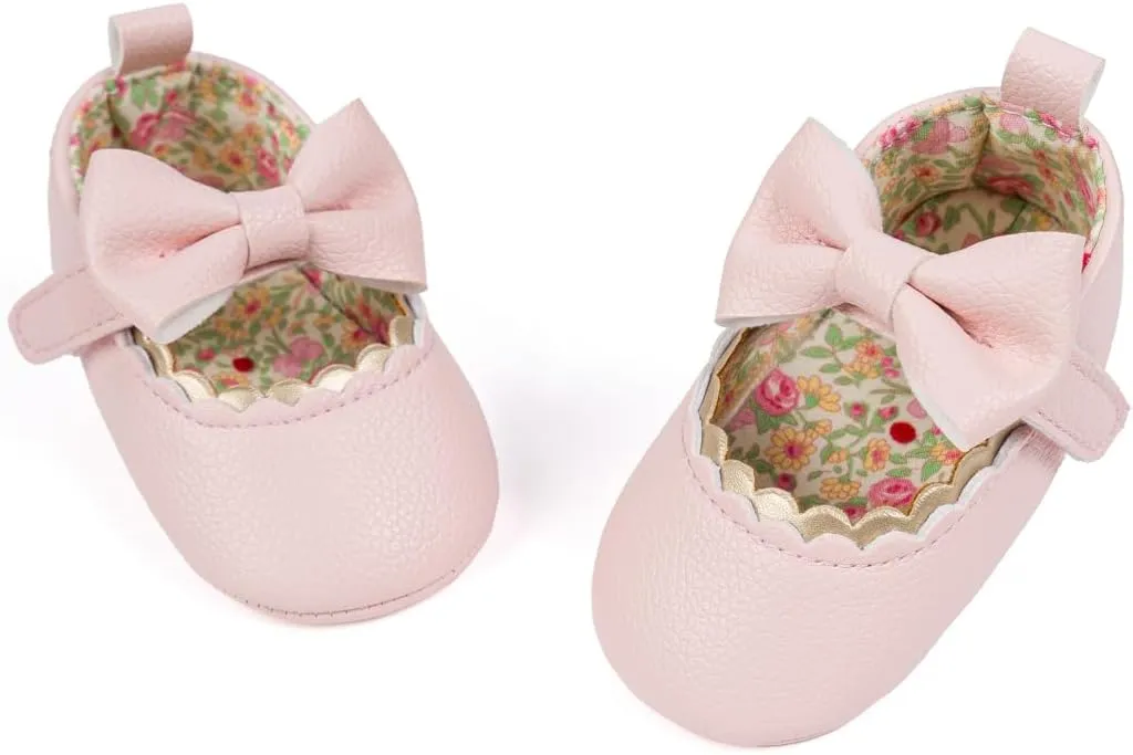 Meckior Newborn Baby Girls Dress Shoes Infant Bowknot Soft Sole Mary Jane Moccasins Baptism Christening Crib Shoes Wedding Princess Flats