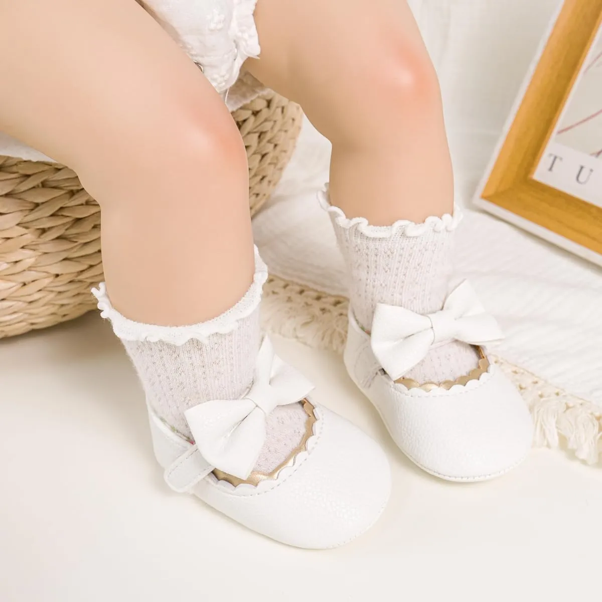 Meckior Newborn Baby Girls Dress Shoes Infant Bowknot Soft Sole Mary Jane Moccasins Baptism Christening Crib Shoes Wedding Princess Flats