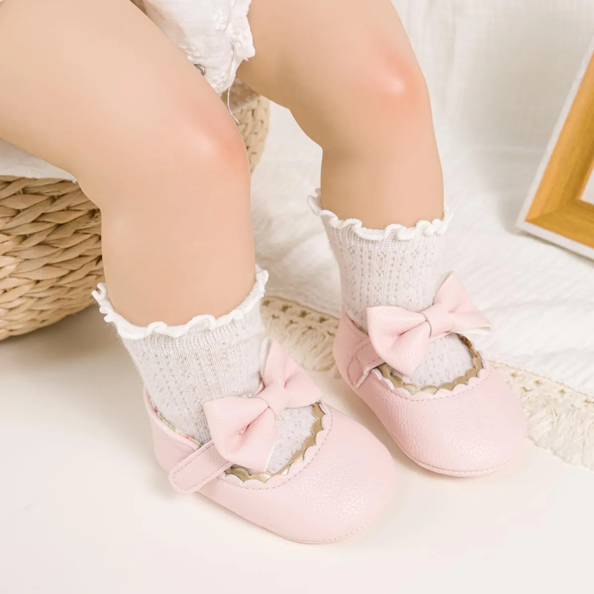 Meckior Newborn Baby Girls Dress Shoes Infant Bowknot Soft Sole Mary Jane Moccasins Baptism Christening Crib Shoes Wedding Princess Flats