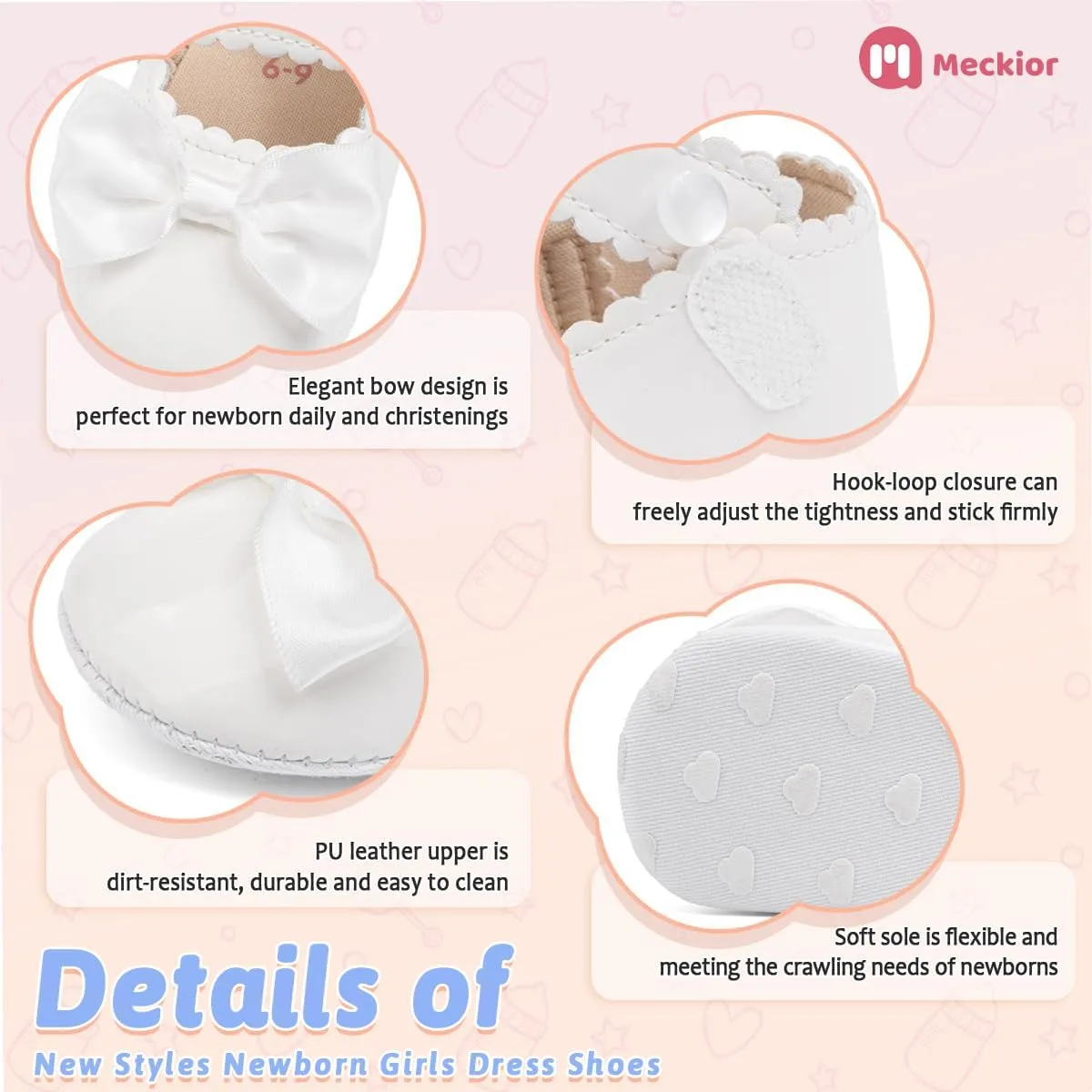 Meckior Newborn Baby Girls Dress Shoes Infant Bowknot Soft Sole Mary Jane Moccasins Baptism Christening Crib Shoes Wedding Princess Flats