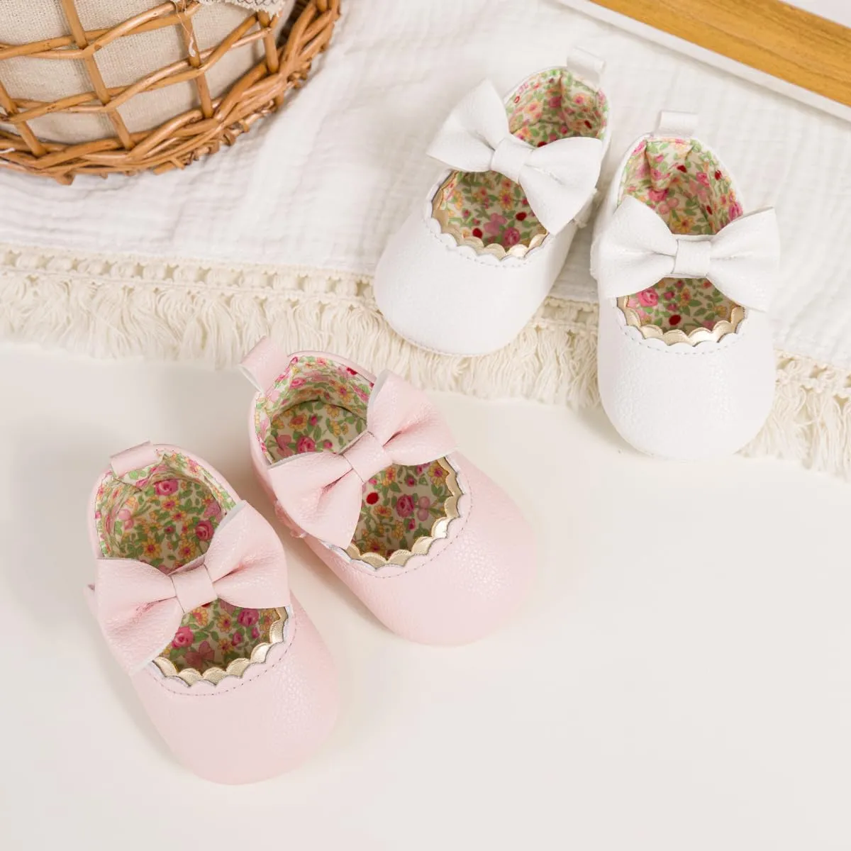 Meckior Newborn Baby Girls Dress Shoes Infant Bowknot Soft Sole Mary Jane Moccasins Baptism Christening Crib Shoes Wedding Princess Flats
