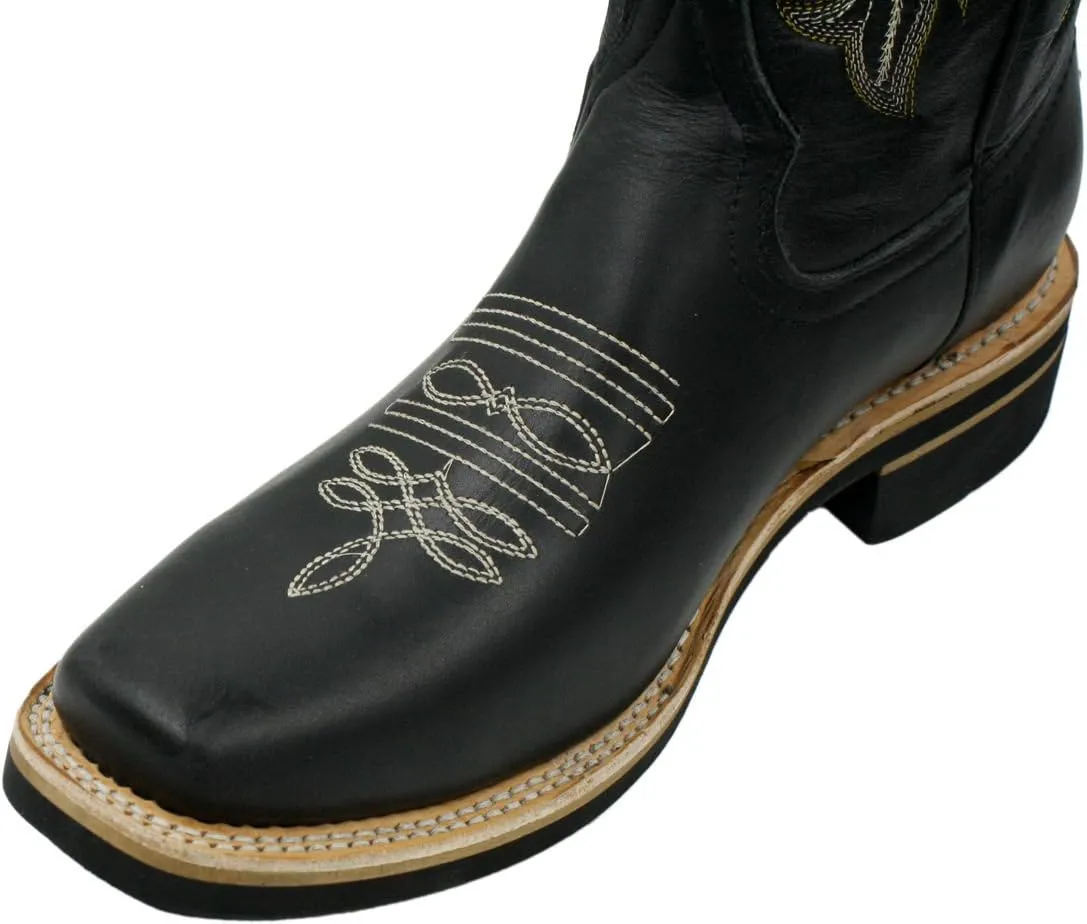 Men Genuine Cowhide Leather Square Toe Western Cowboy Boots