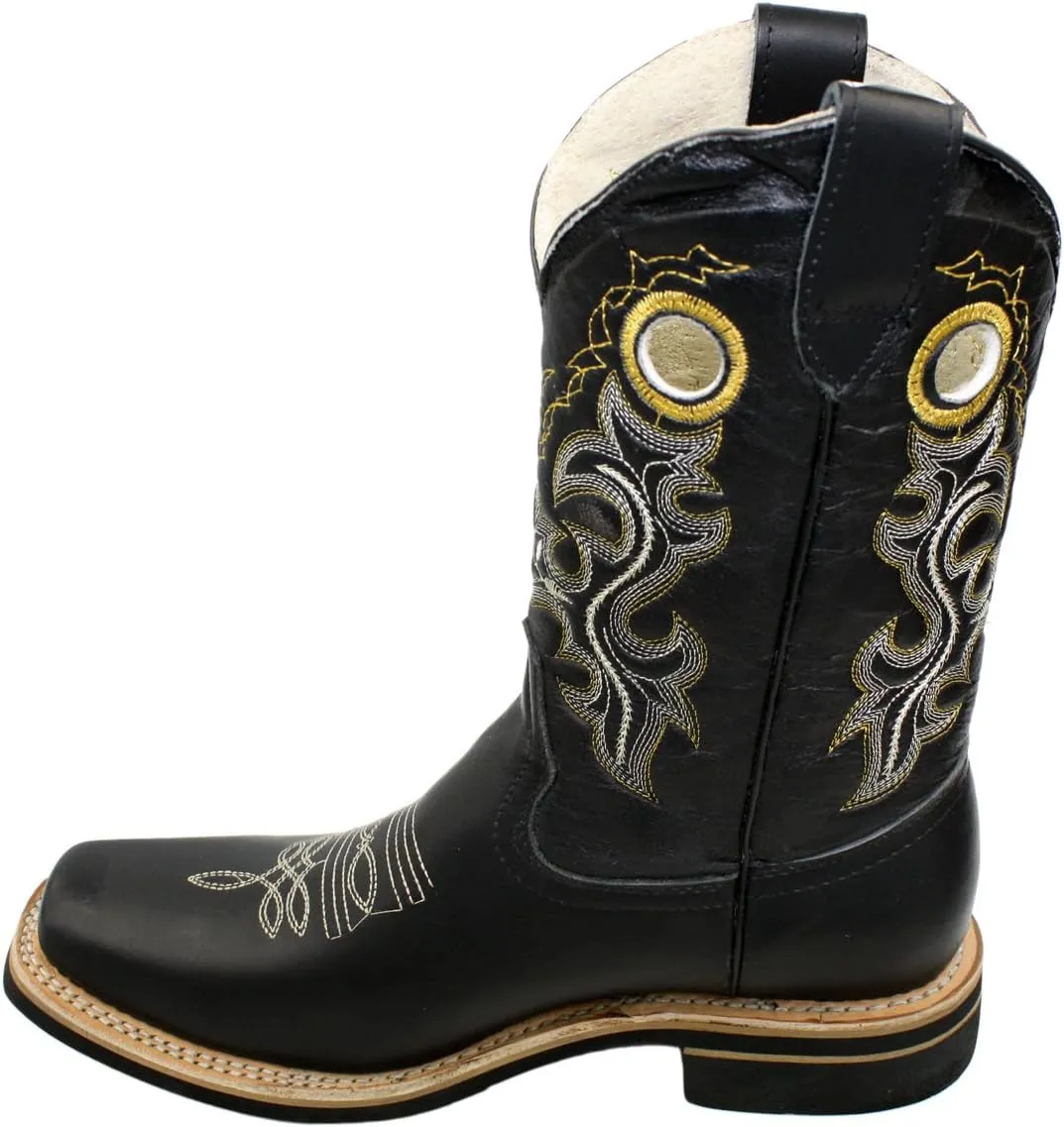 Men Genuine Cowhide Leather Square Toe Western Cowboy Boots