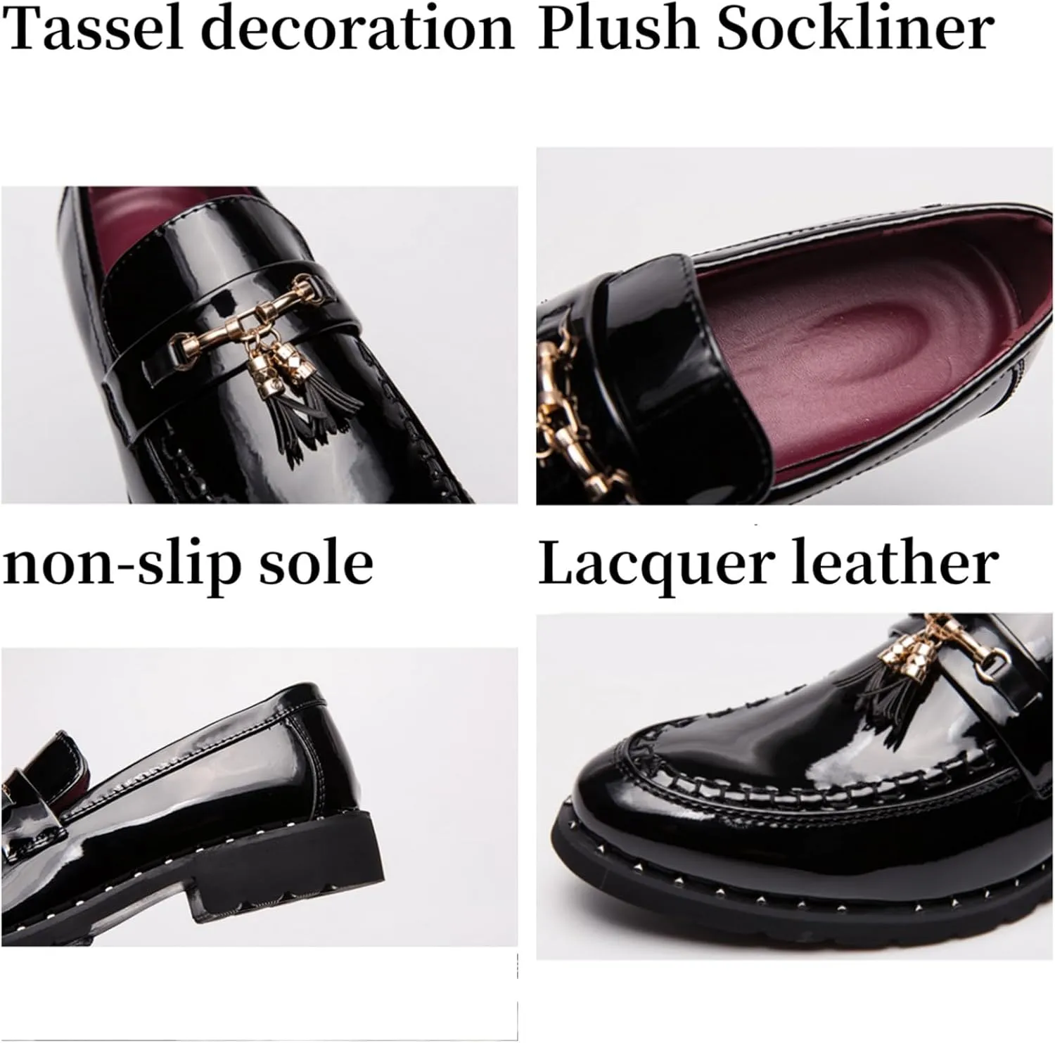 Men's Black Patent Leather Slip-On Tassel Loafers Business Dress Causal Party Wedding Shoes Prom Glitter Gold Buckle Shoes