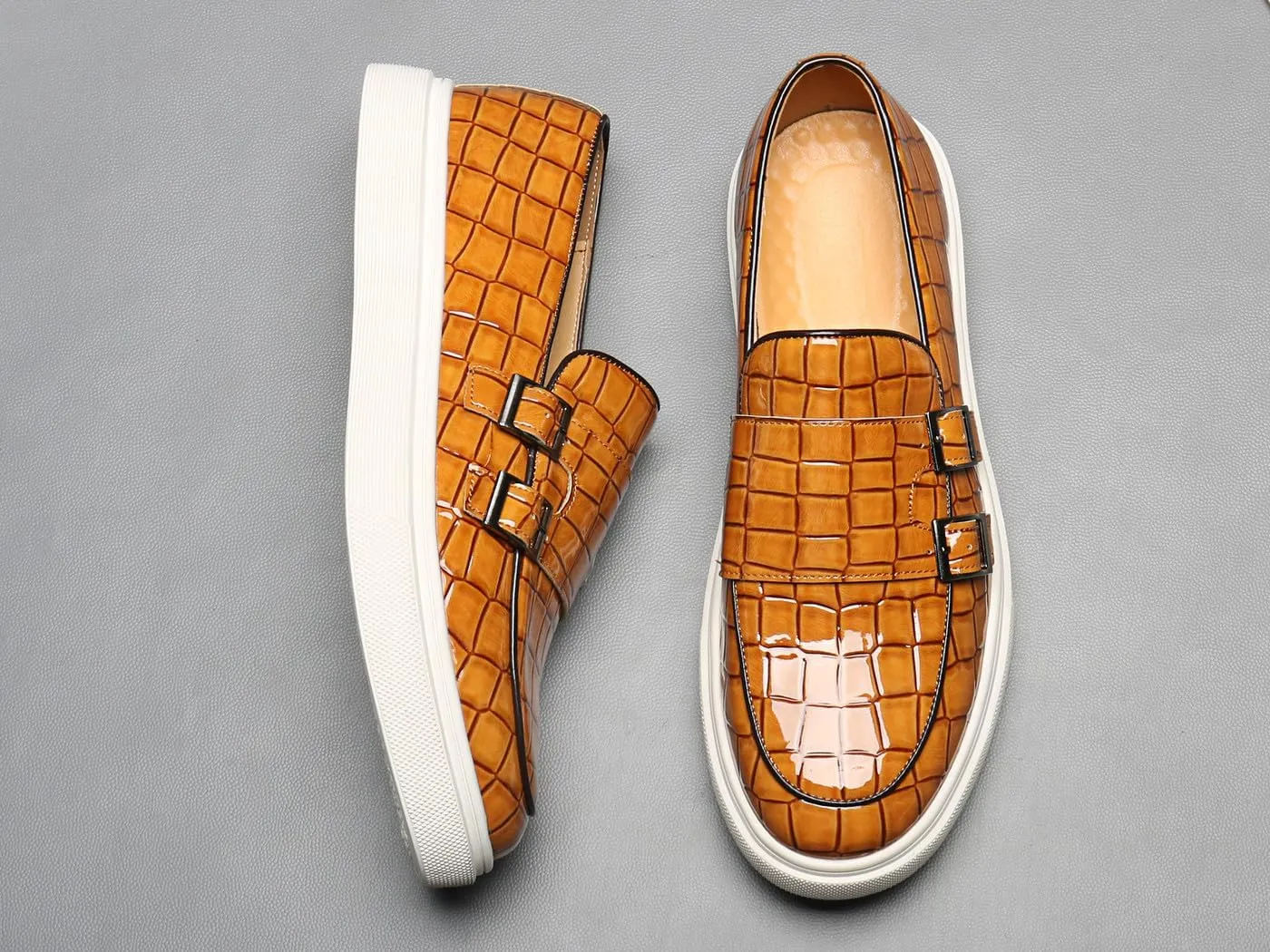 Men's Buckle Strap Loafers Crocodile Pattern Patent Leather Formal Casual Chunky Dress Shoes for Business Work Outdoor Dating Prom