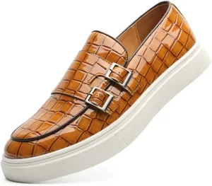 Men's Buckle Strap Loafers Crocodile Pattern Patent Leather Formal Casual Chunky Dress Shoes for Business Work Outdoor Dating Prom