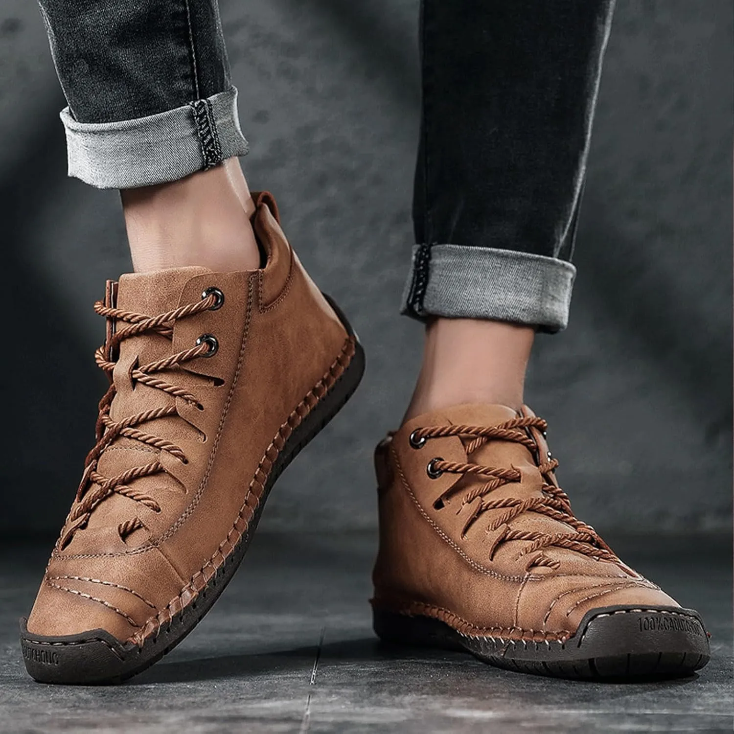 Mens Casual Leather Shoes Ankle Chukka Boots Slip On Lightweight Loafers Mid top Outdoor Lace Up Walking Driving Shoes