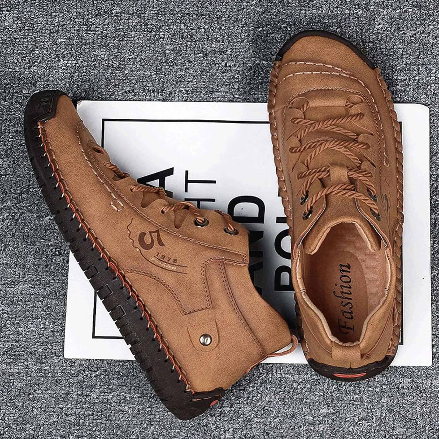 Mens Casual Leather Shoes Ankle Chukka Boots Slip On Lightweight Loafers Mid top Outdoor Lace Up Walking Driving Shoes