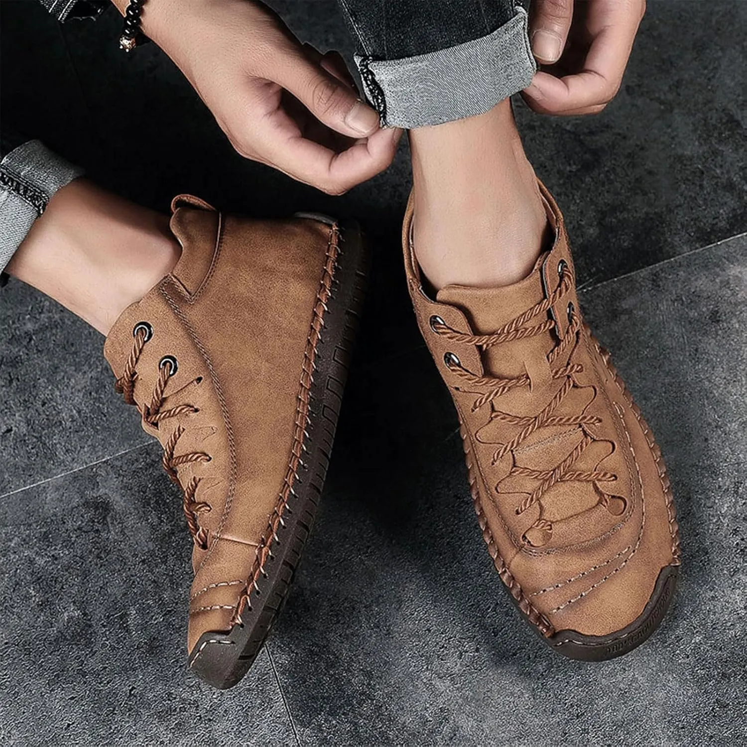 Mens Casual Leather Shoes Ankle Chukka Boots Slip On Lightweight Loafers Mid top Outdoor Lace Up Walking Driving Shoes