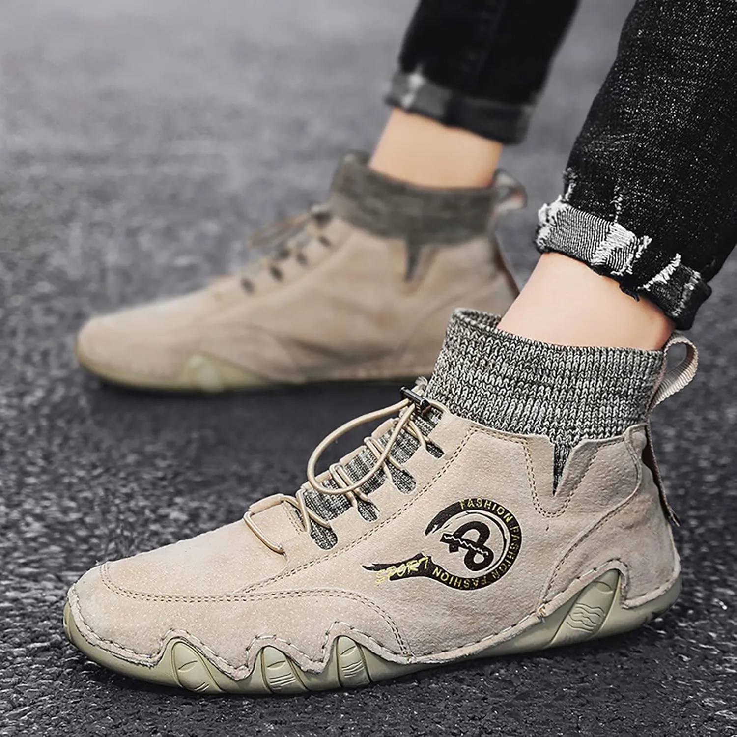 Men's Casual Shoes Korean Version High Top Shoes Round Toe Breathable Daily Dad's Sneaker Crease Shield Men