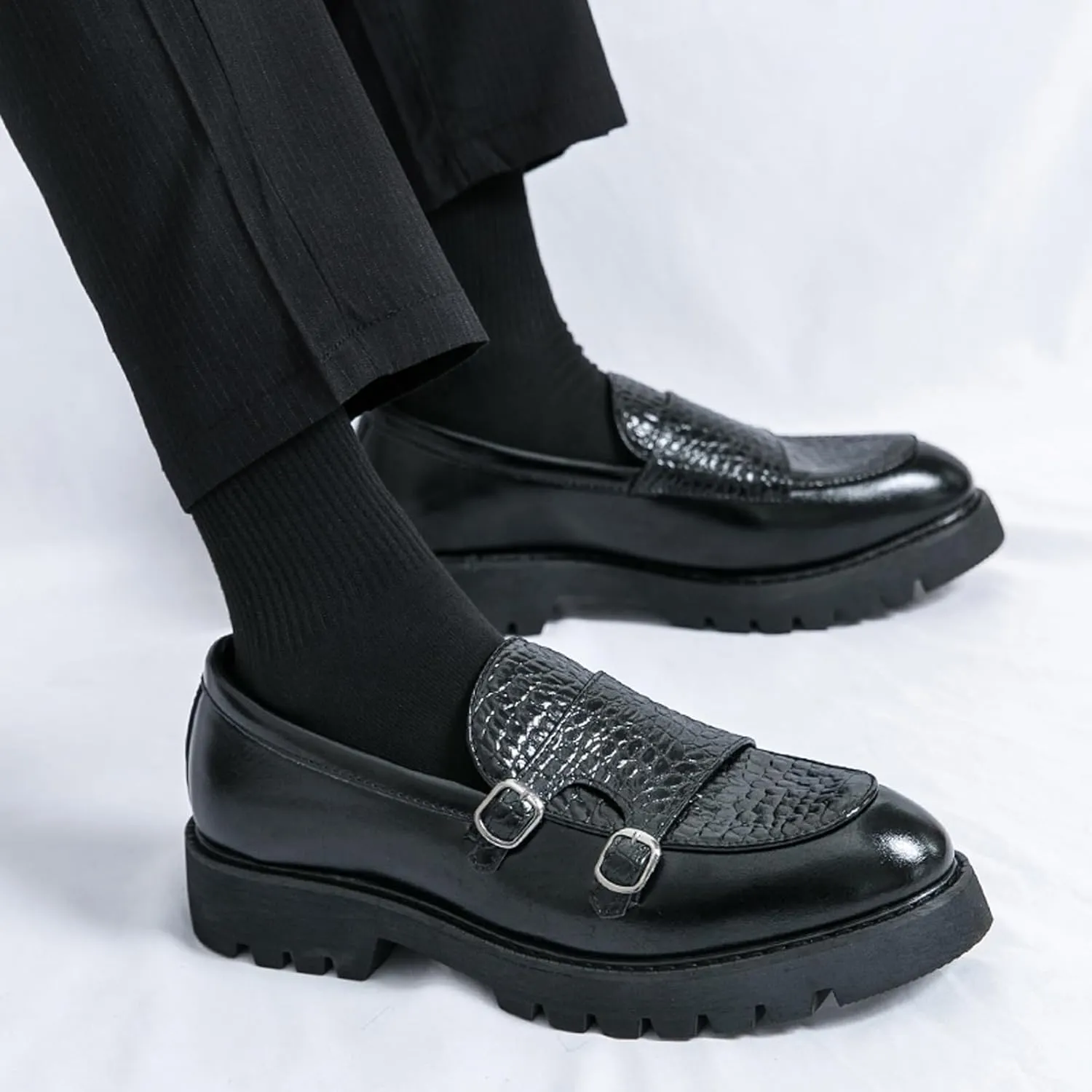 Men's Genuine Leather Double Monk Strap Slip On Platform Loafers Classic Lug Sole Comfortable Round Toe Non-Slip Fashion Business Dress Shoes