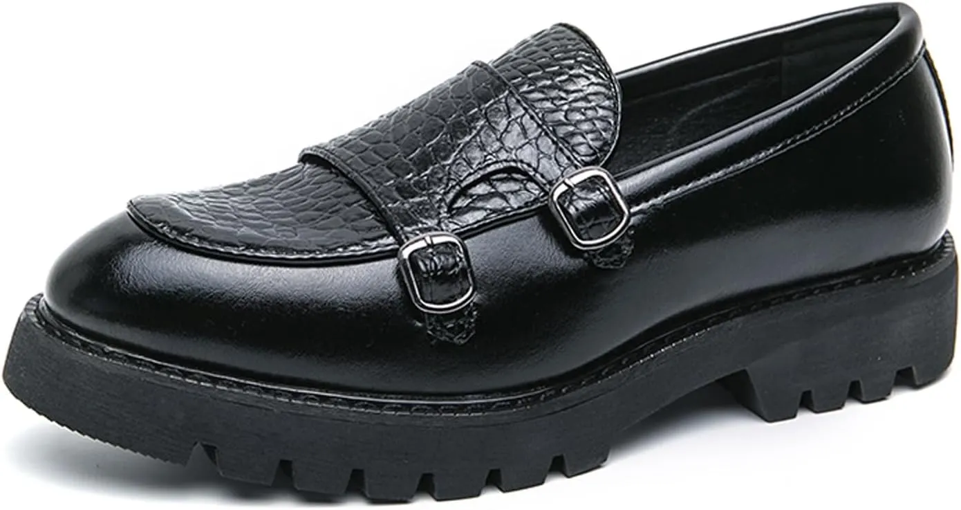 Men's Genuine Leather Double Monk Strap Slip On Platform Loafers Classic Lug Sole Comfortable Round Toe Non-Slip Fashion Business Dress Shoes