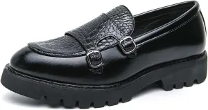 Men's Genuine Leather Double Monk Strap Slip On Platform Loafers Classic Lug Sole Comfortable Round Toe Non-Slip Fashion Business Dress Shoes