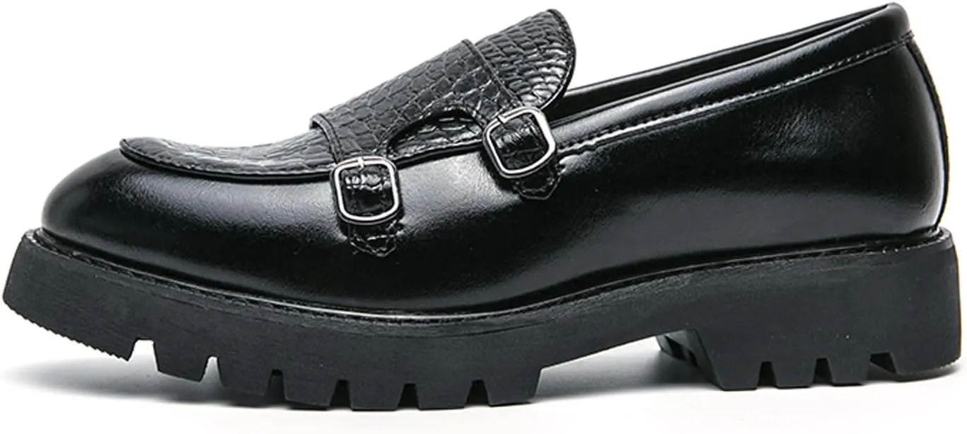 Men's Genuine Leather Double Monk Strap Slip On Platform Loafers Classic Lug Sole Comfortable Round Toe Non-Slip Fashion Business Dress Shoes