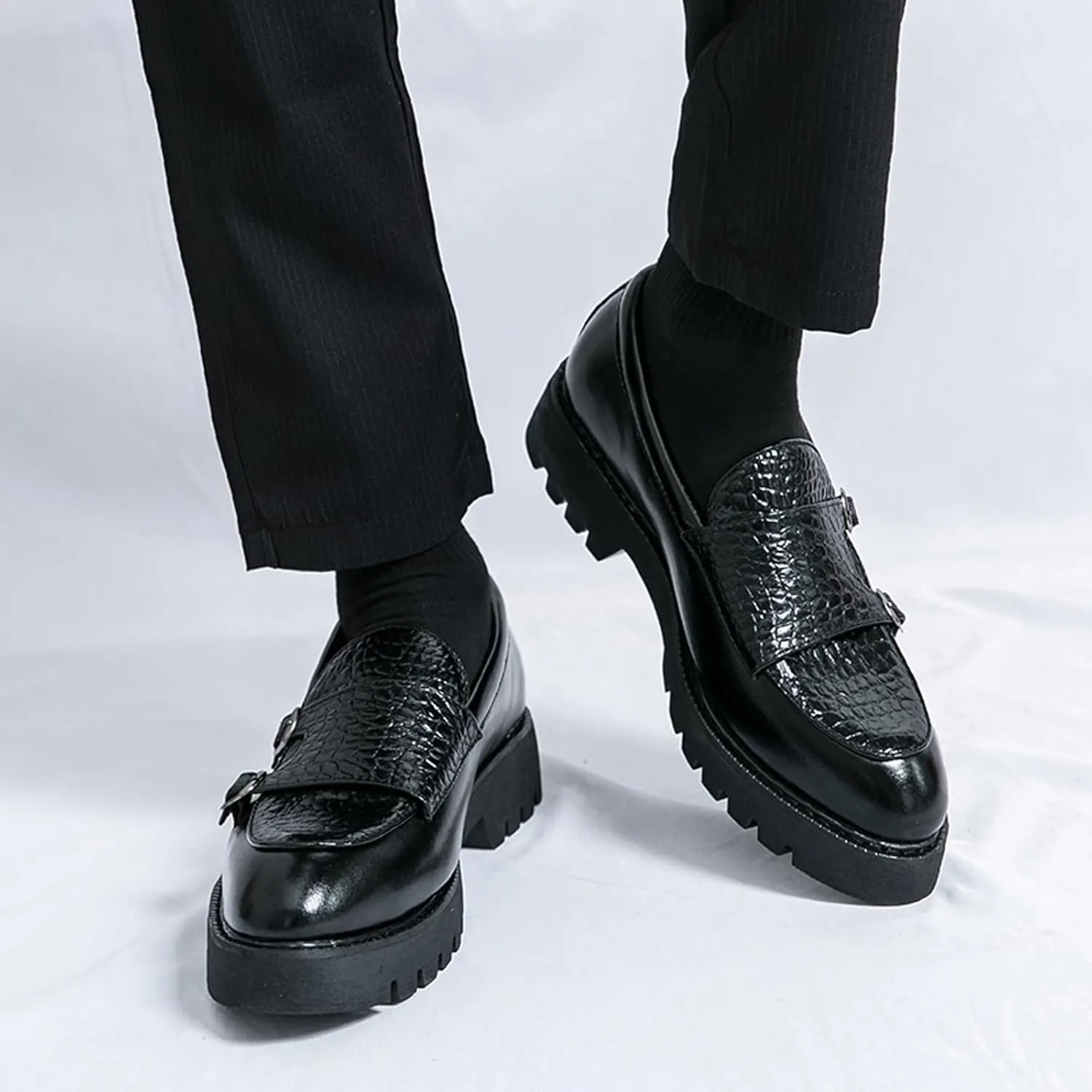 Men's Genuine Leather Double Monk Strap Slip On Platform Loafers Classic Lug Sole Comfortable Round Toe Non-Slip Fashion Business Dress Shoes