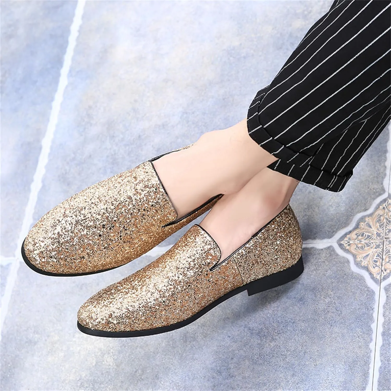 Mens Glitter Rhinestone Slip-On Tuxedo Loafers Classic Wingtip Dress Party Wedding Sparkly Penny Smoking Slippers