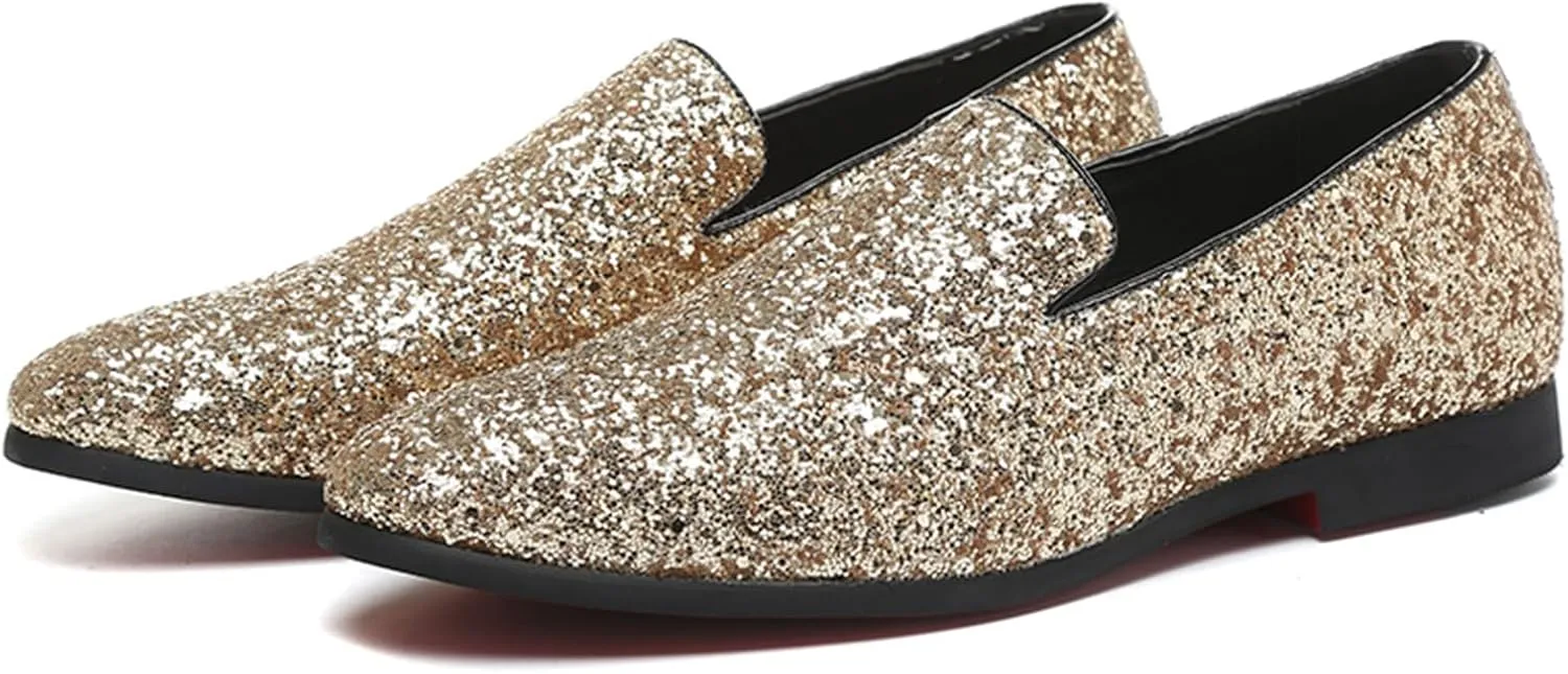 Mens Glitter Rhinestone Slip-On Tuxedo Loafers Classic Wingtip Dress Party Wedding Sparkly Penny Smoking Slippers