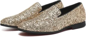 Mens Glitter Rhinestone Slip-On Tuxedo Loafers Classic Wingtip Dress Party Wedding Sparkly Penny Smoking Slippers