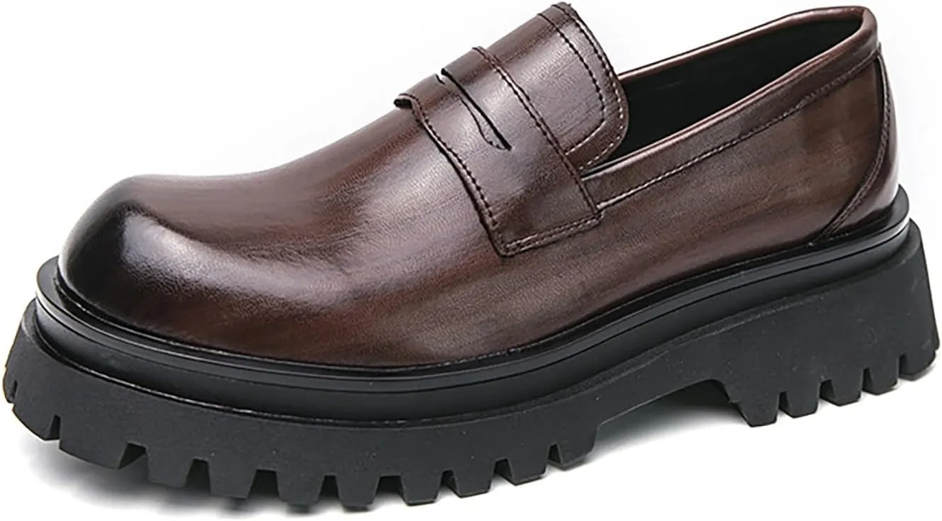 Men's Leather Platform Slip-On Loafers Round Top Chunky Heel Lug Sole Penny Dress Shoes Low Top Non-Slip Comfortable Work Business Shoes