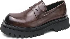 Men's Leather Platform Slip-On Loafers Round Top Chunky Heel Lug Sole Penny Dress Shoes Low Top Non-Slip Comfortable Work Business Shoes