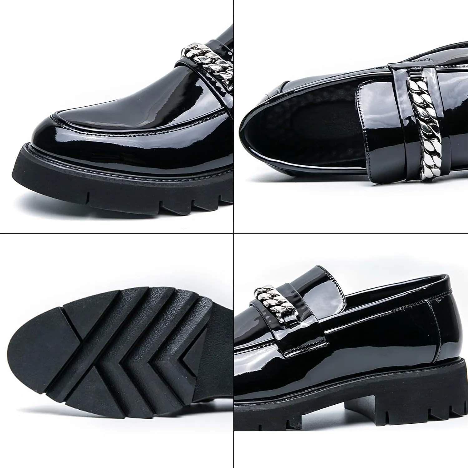 Men's Patent Leather Chain Platform Loafers Comfort Breathable Lug Sole Slip-On Casual Dress Shoes Business Dating Prom Penny Shoes