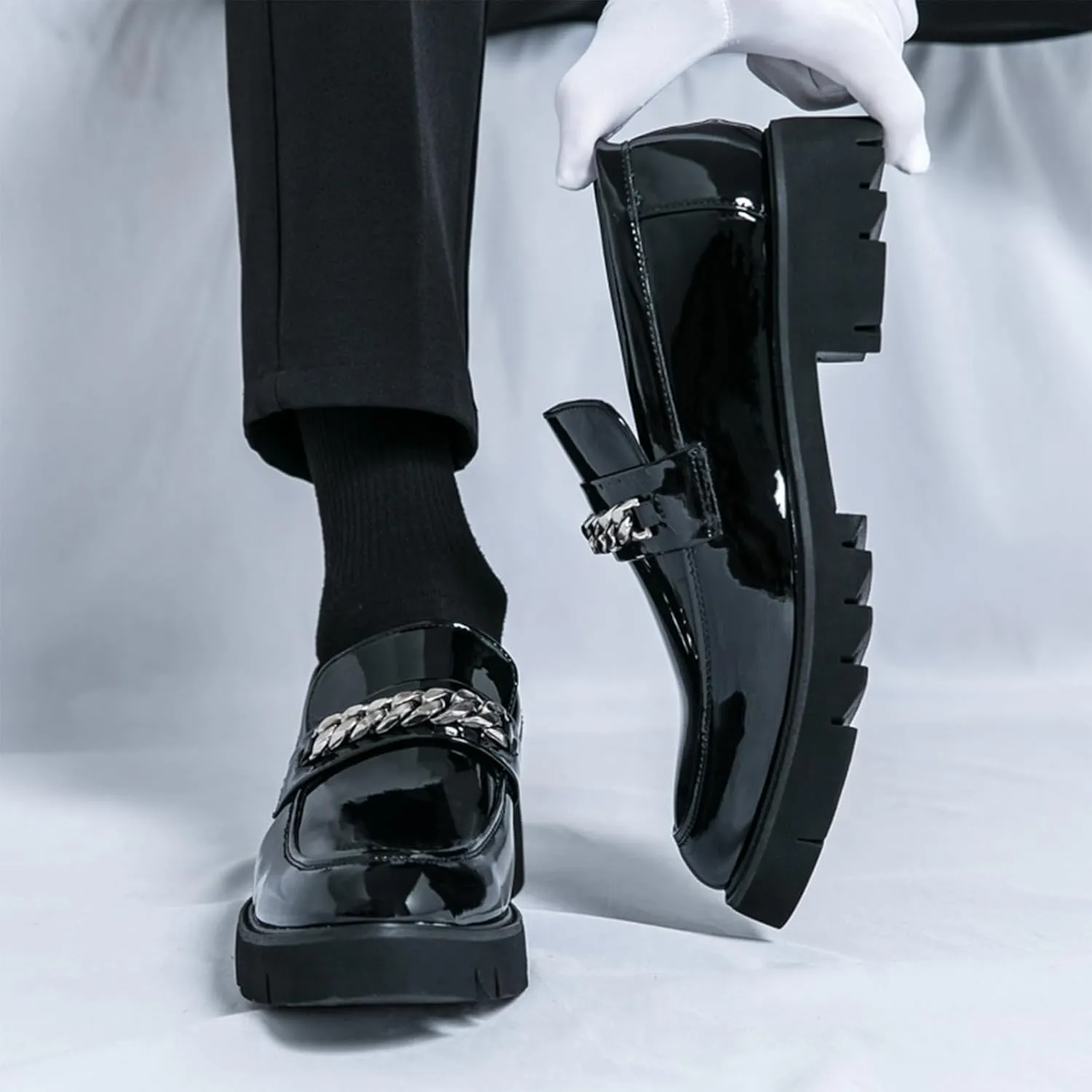 Men's Patent Leather Chain Platform Loafers Comfort Breathable Lug Sole Slip-On Casual Dress Shoes Business Dating Prom Penny Shoes