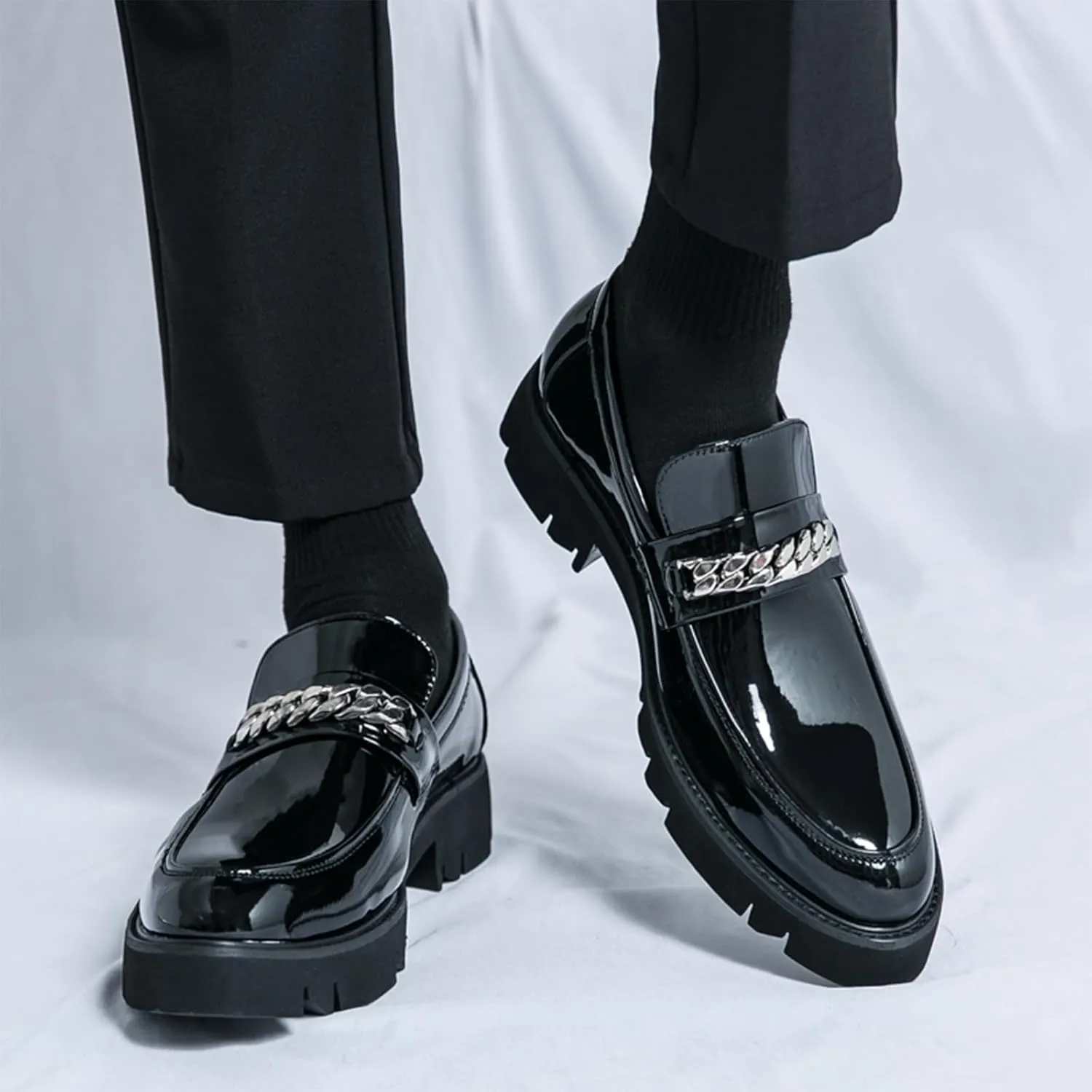 Men's Patent Leather Chain Platform Loafers Comfort Breathable Lug Sole Slip-On Casual Dress Shoes Business Dating Prom Penny Shoes