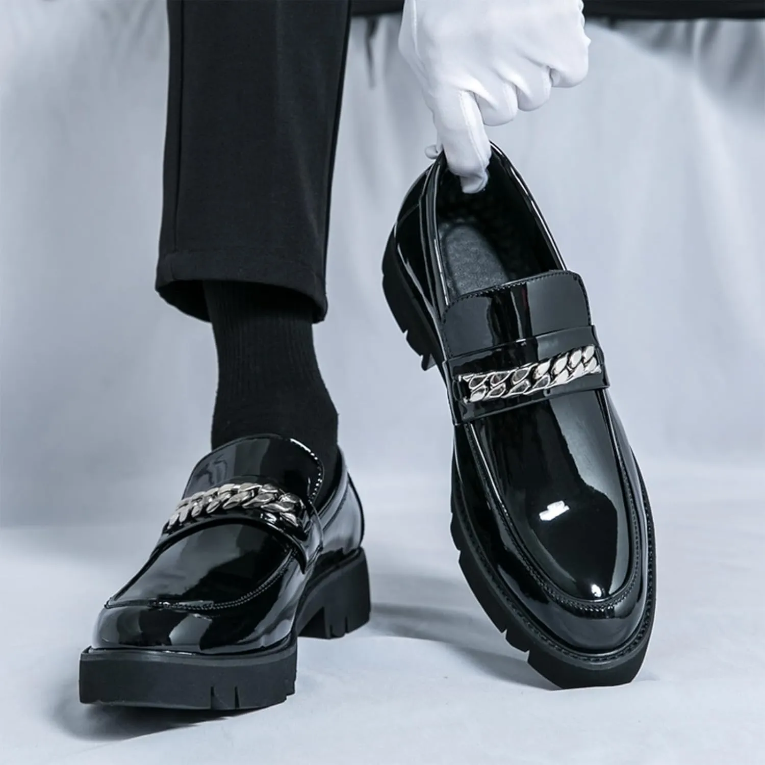 Men's Patent Leather Chain Platform Loafers Comfort Breathable Lug Sole Slip-On Casual Dress Shoes Business Dating Prom Penny Shoes