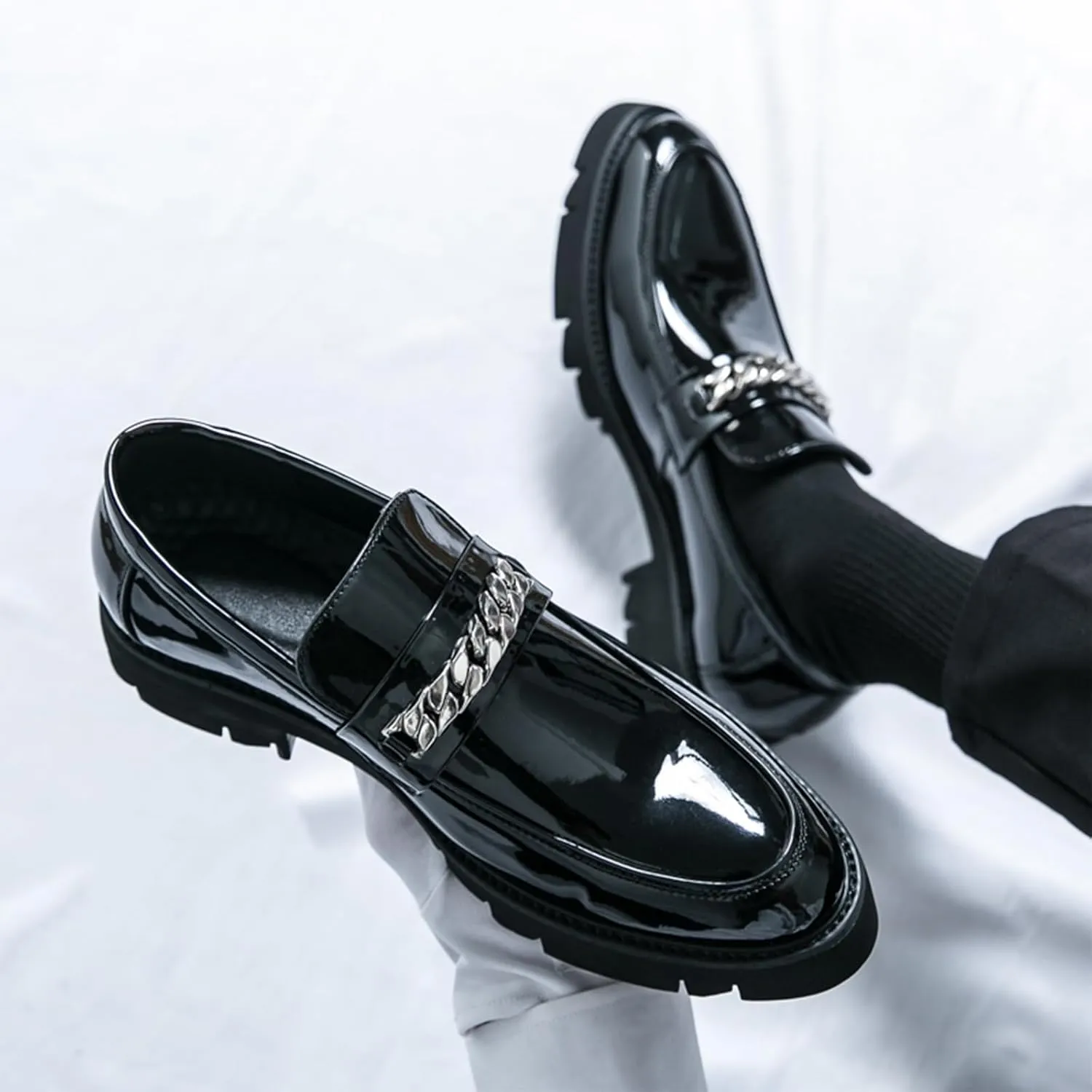 Men's Patent Leather Chain Platform Loafers Comfort Breathable Lug Sole Slip-On Casual Dress Shoes Business Dating Prom Penny Shoes