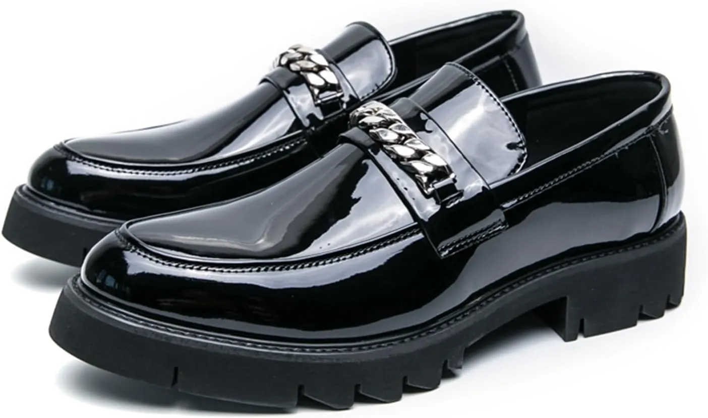 Men's Patent Leather Chain Platform Loafers Comfort Breathable Lug Sole Slip-On Casual Dress Shoes Business Dating Prom Penny Shoes