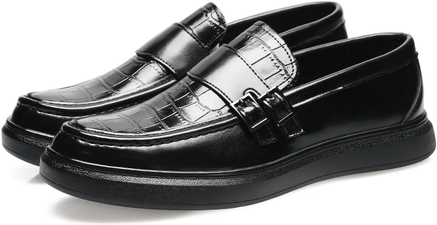 Men's PU Leather Croc-Embossed Double Monk Strap Loafers – Lightweight Slip-On, Flat Non-Slip Sole, Formal & Casual Driving Shoes