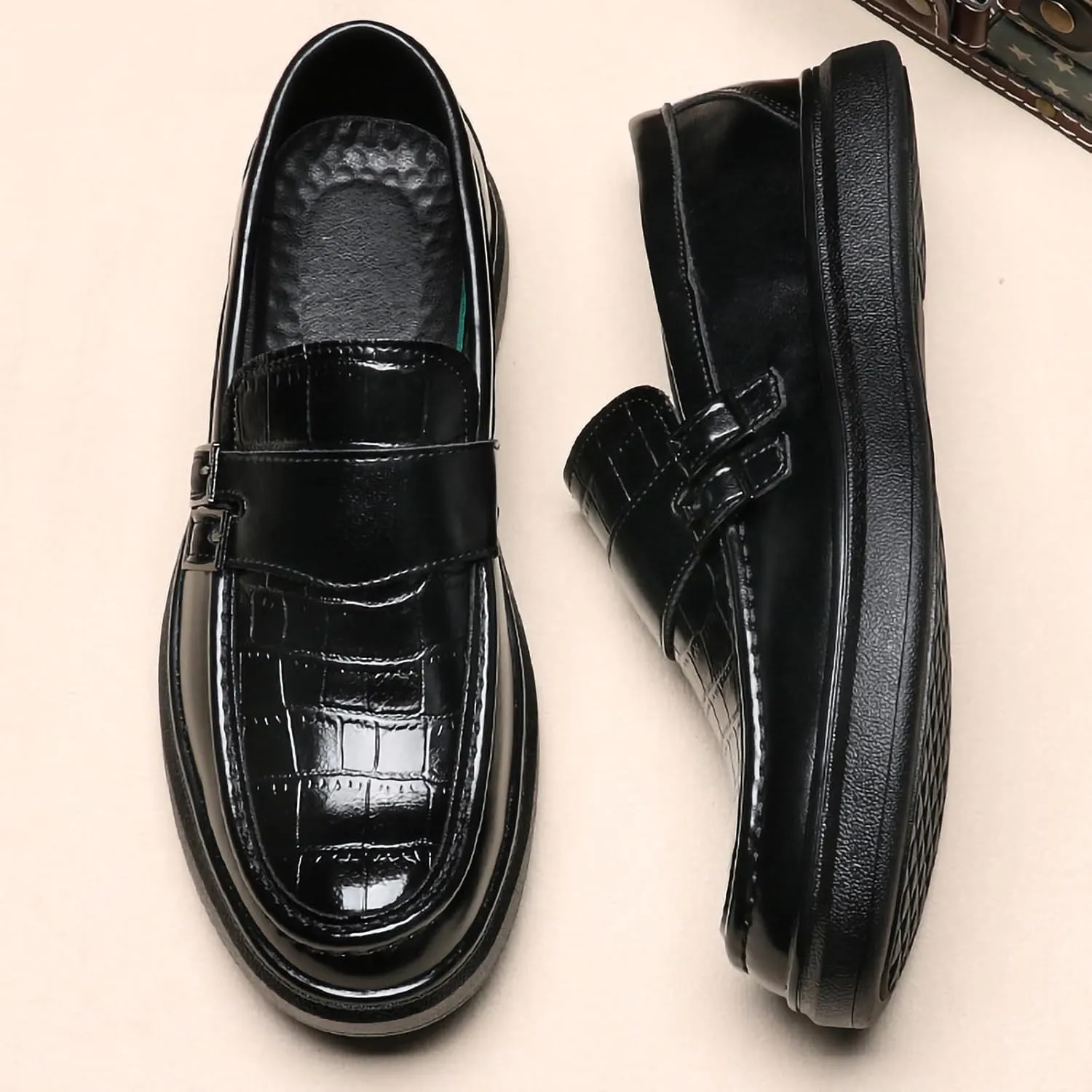 Men's PU Leather Croc-Embossed Double Monk Strap Loafers – Lightweight Slip-On, Flat Non-Slip Sole, Formal & Casual Driving Shoes