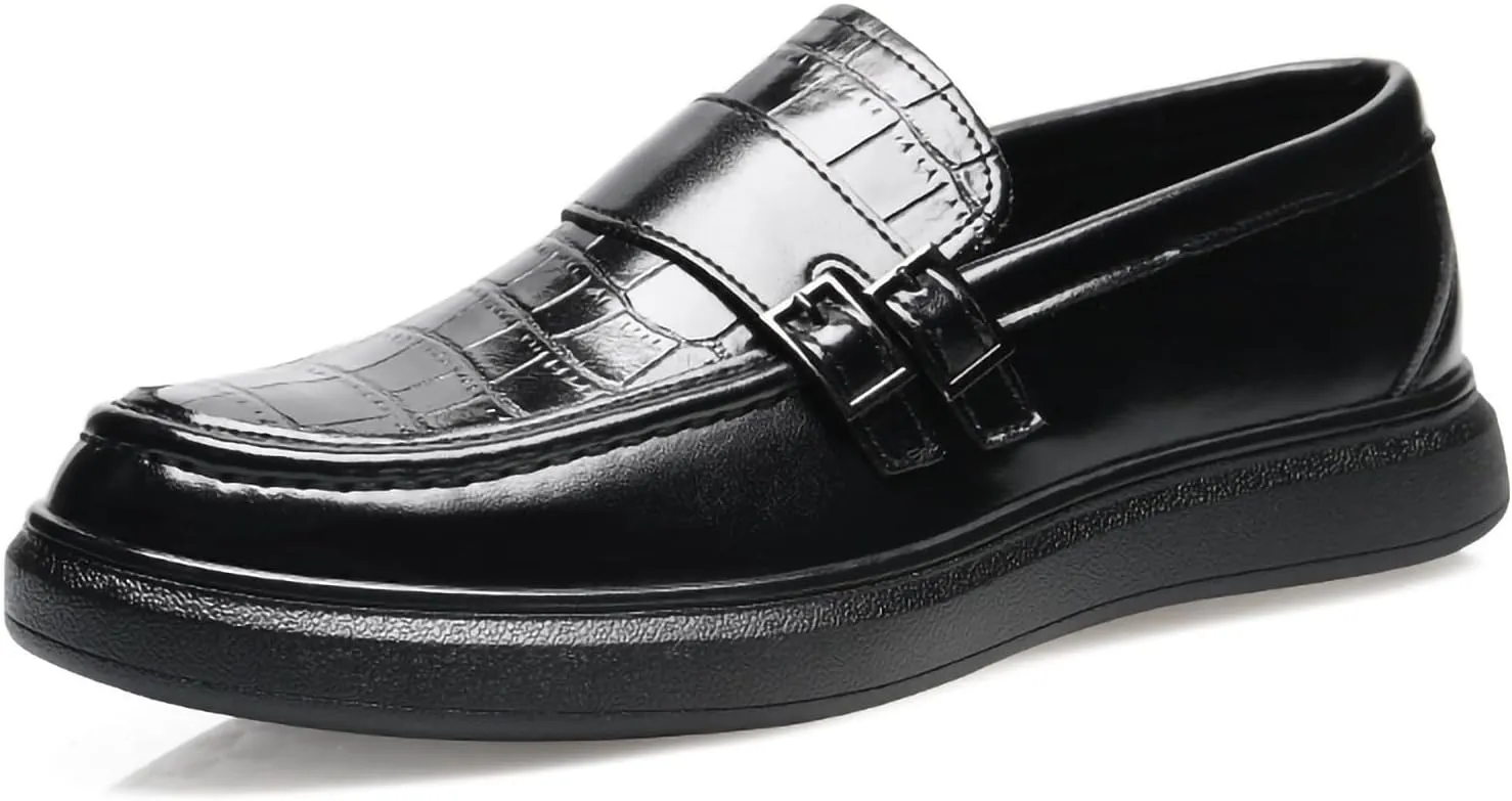Men's PU Leather Croc-Embossed Double Monk Strap Loafers – Lightweight Slip-On, Flat Non-Slip Sole, Formal & Casual Driving Shoes