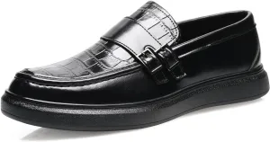 Men's PU Leather Croc-Embossed Double Monk Strap Loafers – Lightweight Slip-On, Flat Non-Slip Sole, Formal & Casual Driving Shoes